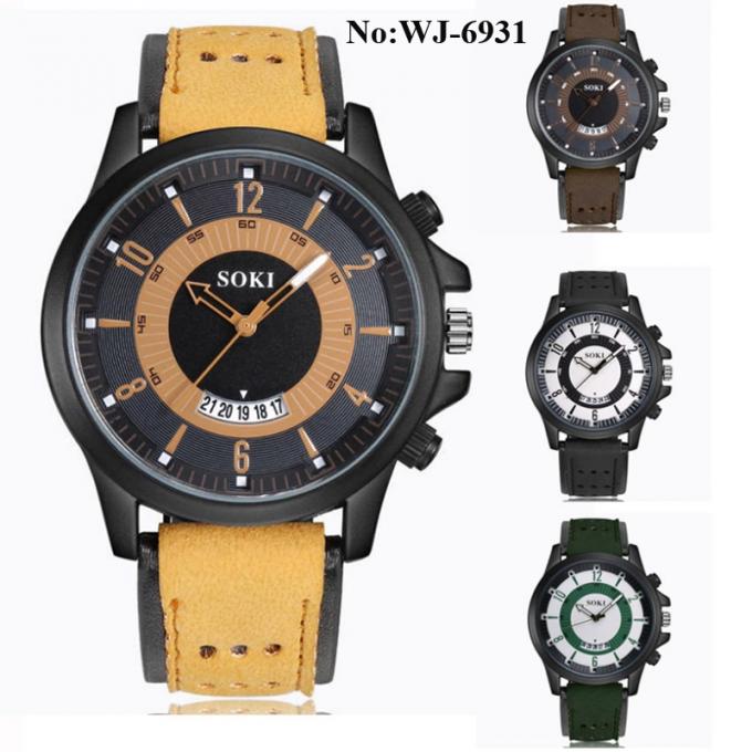 WJ-7969 फैशन मेन काले चमड़े का पट्टा कलाई घड़ी